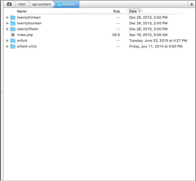 A WordPress child theme will most likely look like the last folder in this screenshot.