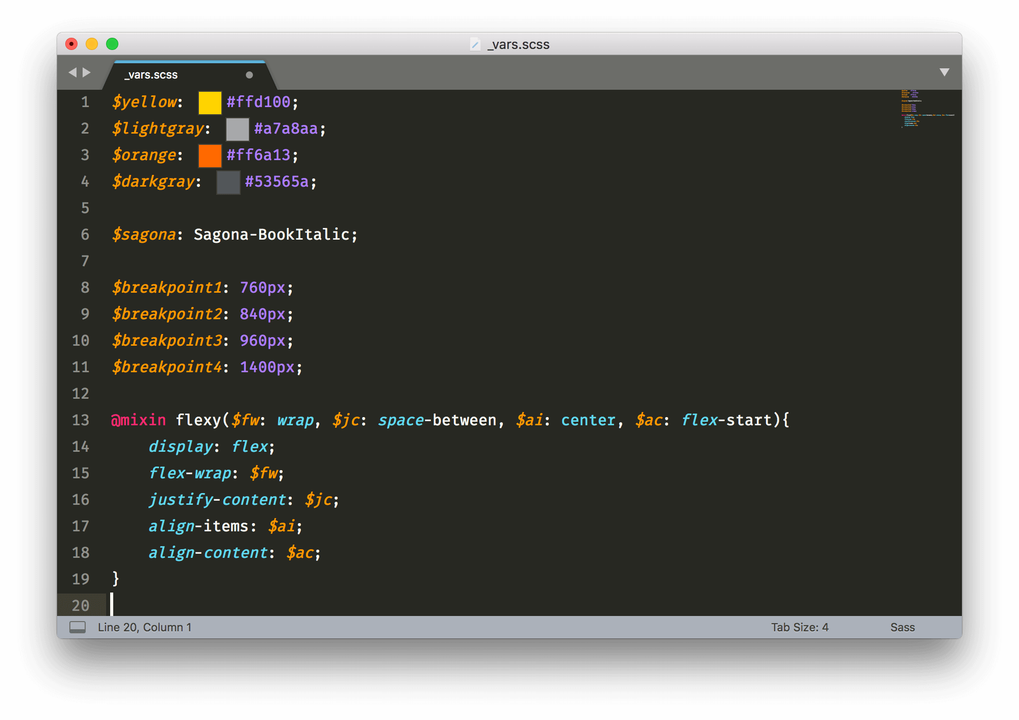 A list of Sass variables used for colors, breakpoints, fonts and Flexbox settings